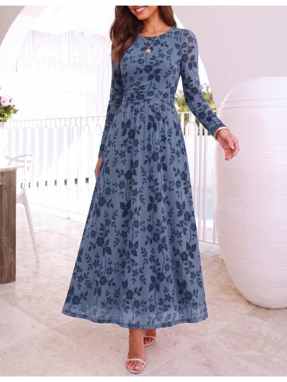 Women's Dusty blue Crewneck Maxi Long Sleeve Elegant Slimming Cocktail Dresses - Picture 4 of 6